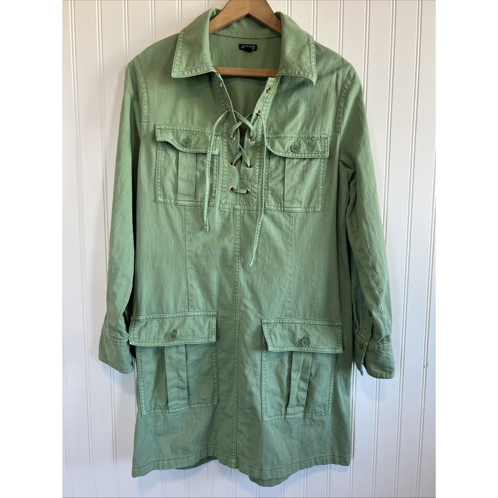 J.Crew Harbour Dress Green Lace Up Patch Pockets Utility Long Sleeve 6 Side Zip